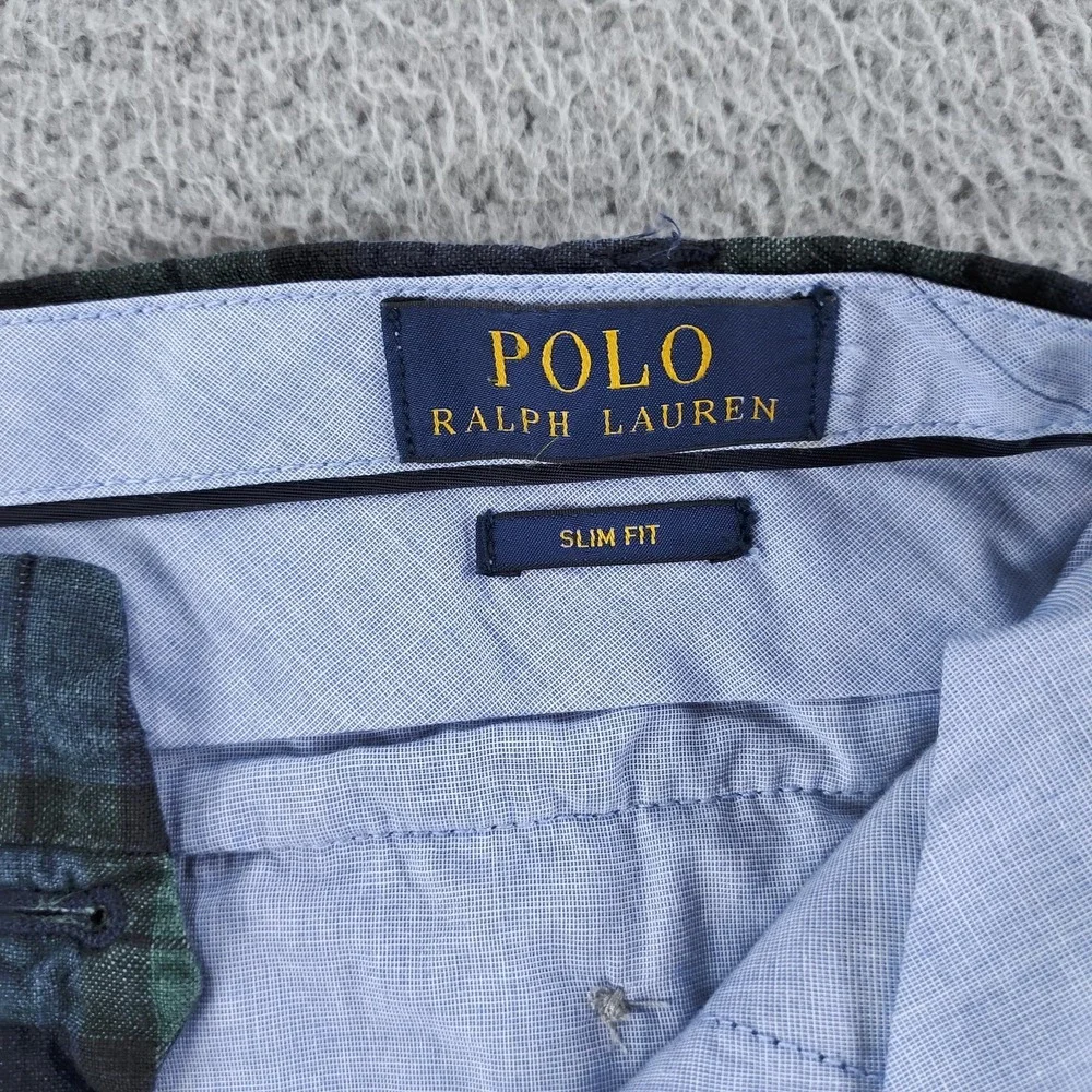 Polo Ralph Lauren Shorts Mens 30 Blue Green Plaid Linen Slim Fit Chino Casual